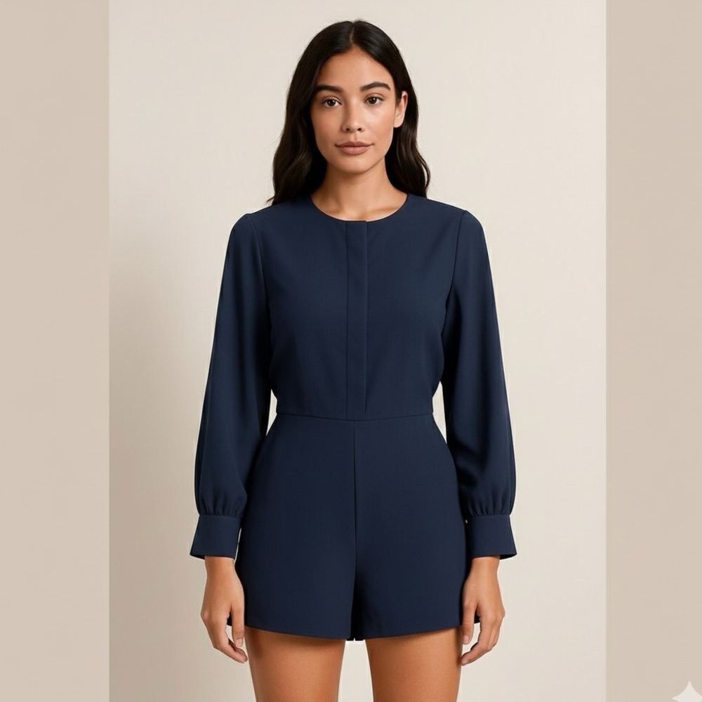 Zara Navy Button Front Long Sleeve Suit Romper Size L